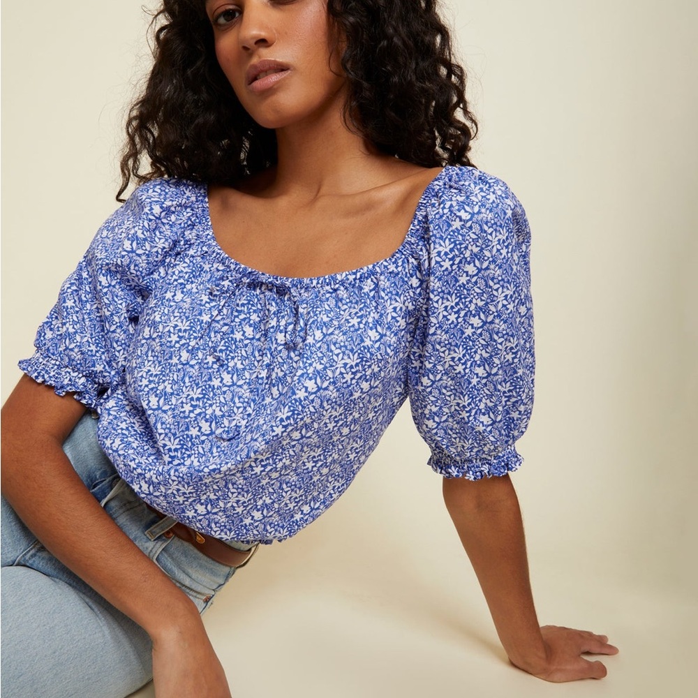 NATION LTD - ROWENA ELASTIC TOP - MYKONOS- Sz XS, Off The Shoulder, Puff Sleeves
